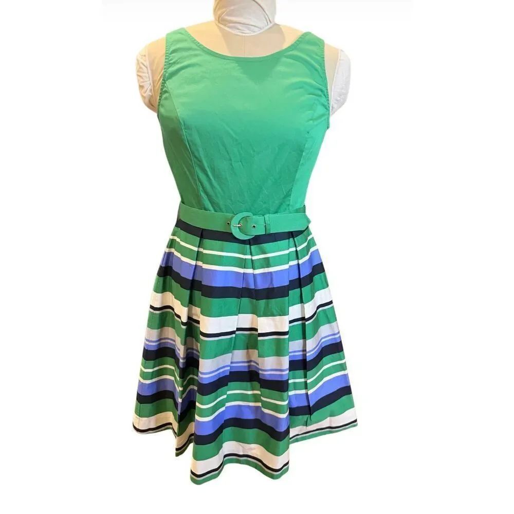 Banana Republic Dress Sz. 8 Green White Striped Fit & Flare Sleeveless